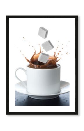 Cup of coffee with falling sugar cube  isolated on white backgro