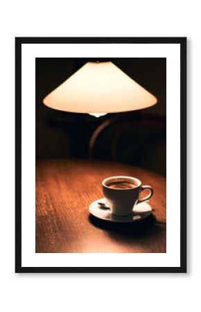 Cup of coffee on a vintage wooden cafe table under an old lamp in a dark interior