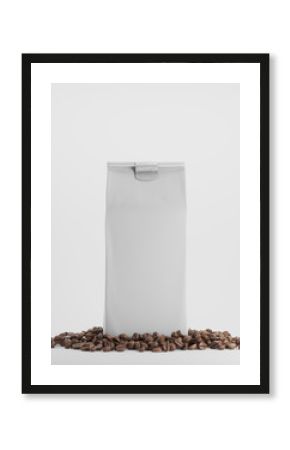 White pack of coffee against white background