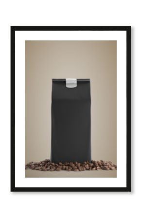 Black pack of coffee against beige background