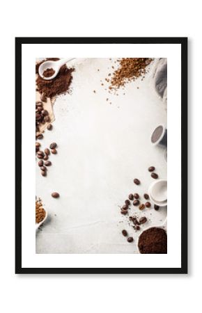 Background with assorted coffee, coffee beans, ground and instant, pads and capsules, retro slyle toned, copy space, top view.