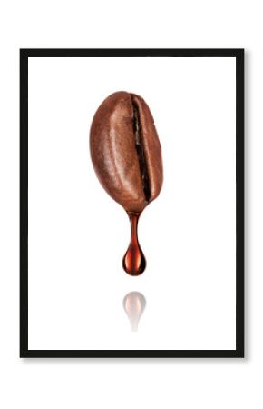 Drop of coffee dripping from coffee seed on white background