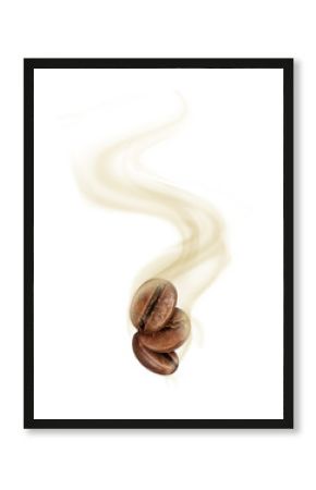 Coffee beans with hot steam close-up on white background
