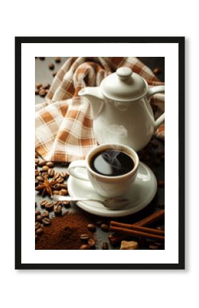 Black coffee in a cup on the table in a composition with coffee accessories on an old background