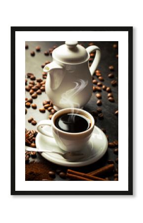 Black coffee in a cup on the table in a composition with coffee accessories on an old background