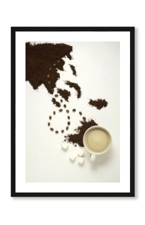 Find your treasure /  Creative concept photo of treasure map made of coffee and cup and sugar on white background.