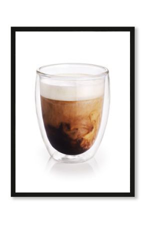 Hot coffee with milk in a glass with double walls isolated on white background.