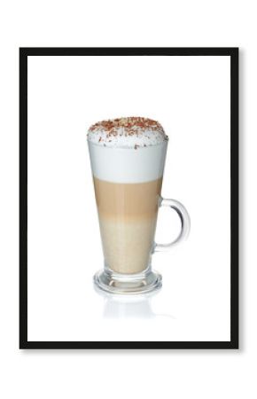Glass cup of coffee latte on white