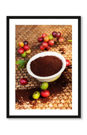 Red, green coffee berries and coffee powder.