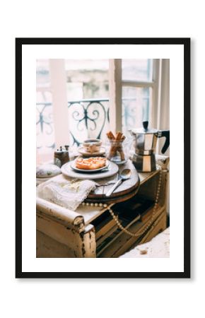 Morning coffee with biscuits. Italy morning. Vintage style