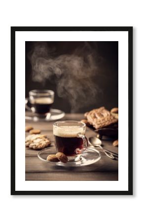 Steaming coffee cup on old wooden background with copy space. Retro style toned dark photography.