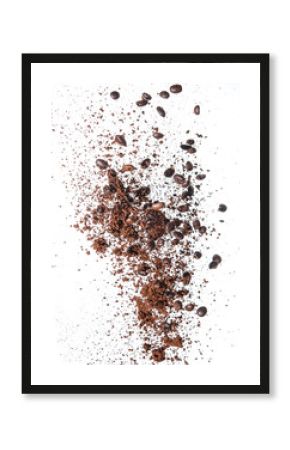 Coffee powder and coffee beans splash or explosion flying in the air