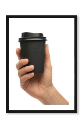 Woman holding takeaway paper coffee cup on white background