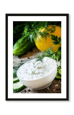 Ranch sauce in a white porcelain bowl with vegetables, herbs and