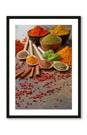 Variety of spices on kitchen table