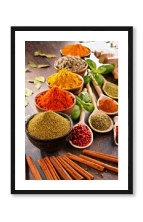 Variety of spices on kitchen table