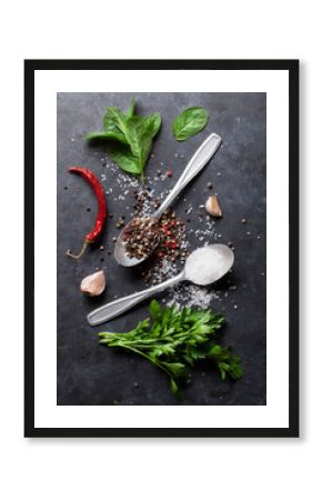 Pepper and salt spices. Mint and parsley herbs