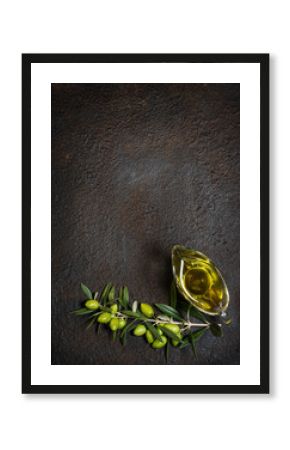  Olive oil and branch of olive tree.