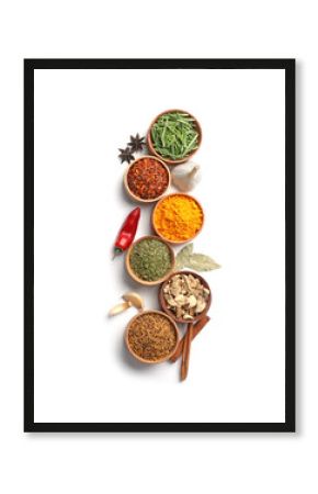 Beautiful composition with different aromatic spices on white background