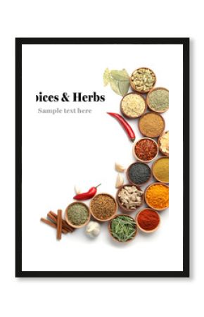 Beautiful composition with different aromatic spices on white background