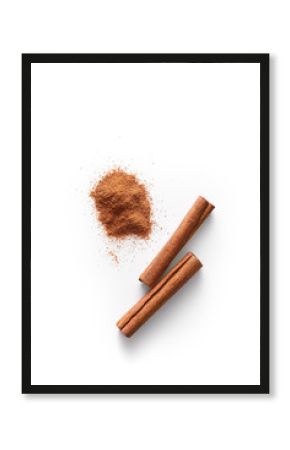 Cinnamon sticks and grounded cinnamon isolated on a white background. Cinnamon spice powder viewed from above. Top view.