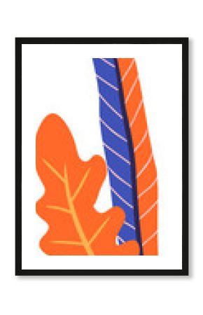 Orange oak leaf and striped blue orange feather are floating on transparent backdrop in flat vector