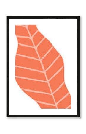 Showing flat-design undulating coral-orange peach-veined leaf on transparent background, copy space
