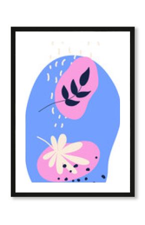 Pink blobs are floating on blue oval, flat design showing leaf and petal motifs, clear background