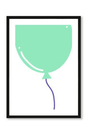 Glossy mint-green balloon is floating with purple string in flat design on transparent background