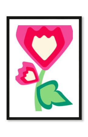 Vector pink flower and bud is growing on green stem with heart-shaped leaf, transparent background