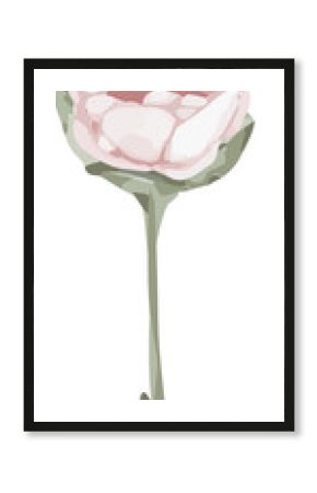 Flat vector art is showing pale pink flower with leaf bud on green stem, transparent background