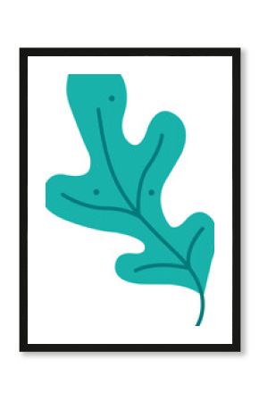 Stylized green leaf is showing central vein and circular accents in flat on transparent backdrop