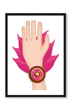 Showing outstretched hand wearing pink gold bangle framed by leaf shapes, transparent background