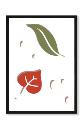 Showing flat design with olive elongated leaf, red heart leaf and seeds on transparent background