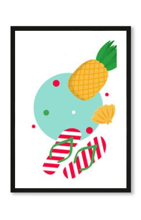 Flat design pineapple, flip-flops, seashell are floating around mint circle on transparent backdrop