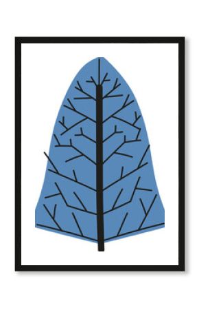 Flat design blue leaf is being shown on transparent background, showing branching black veins