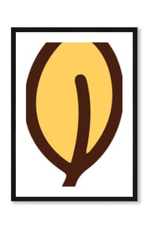 Stylized cartoon leaf is floating on transparent background with yellow fill and dark brown outline