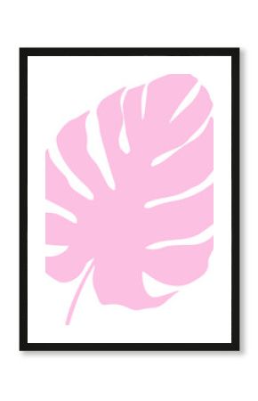 Pink monstera leaf silhouette is floating on transparent background in flat graphic style