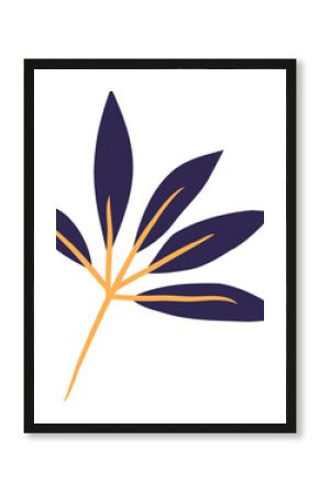 Flat vector art is showcasing leaf frond on transparent backdrop, purple leaflets and golden stem
