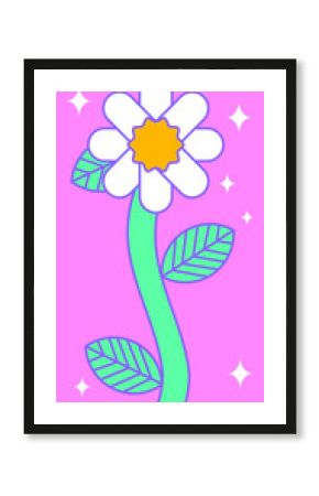 Cartoon daisy is showing white petals, yellow center and sparkles on clear background in flat style