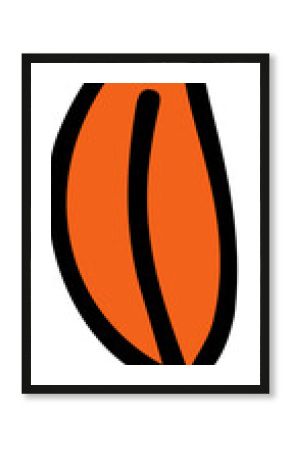 Flat vector orange leaf is showing vertically with black outline, midrib and transparent background