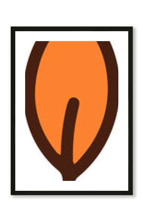 Flat style orange leaf is floating, showing brown outline, vein and stem on transparent background