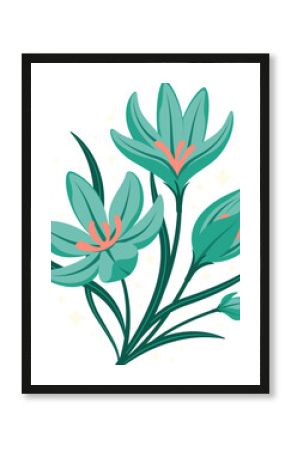 Fantasy flowers are showing in vector with teal petals, stamens, leaves, dots on transparent canvas