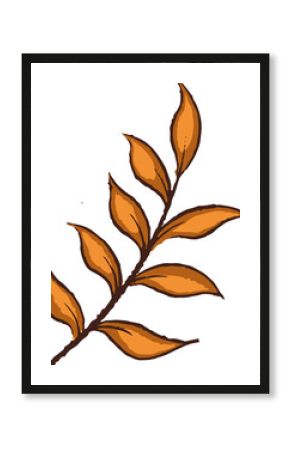 Botanical branch with orange leaves is floating on transparent background in flat hand-drawn style