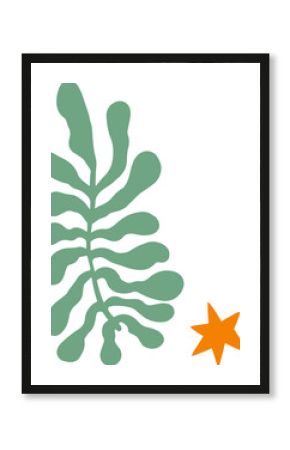 Abstract leaf is floating in flat design with green lobes and orange star on transparent background