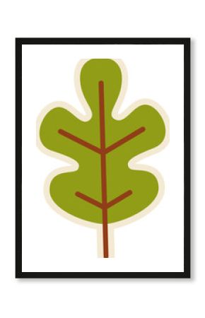 Flat green oak-like leaf is floating on transparent background with cream border and brown veins