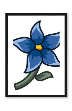 Blue flower is showing five petals on green stem with leaf in flat vector, transparent background