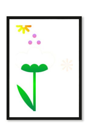 Showing vector flower on transparent background with green stem, pink dots, sunburst, floral motifs