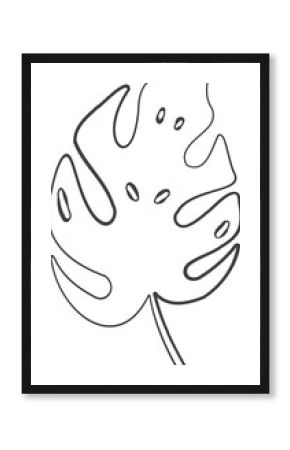 Stylized Monstera leaf outline drawing is floating on transparent background, simple uniform stroke