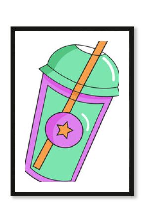 Cartoon style mint green cup is showing dome lid, orange straw, star badge on clear background